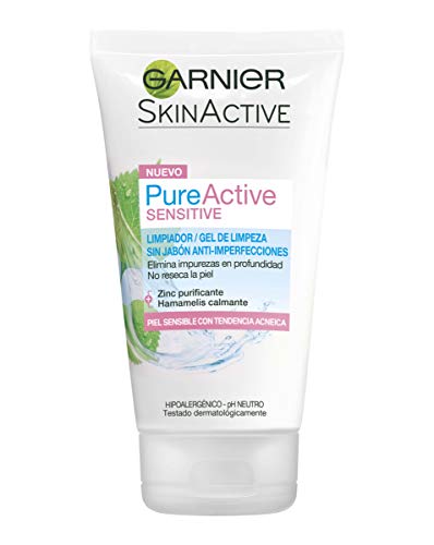 Garnier Skin Active - Pure Active Sensitive, Limpiador de Poros sin Jabón, con Zinc y Extracto de Hamamelis, para Pieles Sensibles, 150 ml