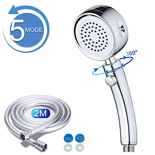 GAVAER Alcachofa de Ducha, Ducha de mano con 2m manguera, cabezal de ducha con 5 Modos de Spray de Agua, Ducha de Mano Alta Presión Universal Extraíble Rotación de 360 °, Ahorro de Agua para Baño.