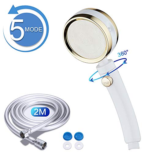 GAVAER Alcachofa de Ducha, Ducha de mano con 2m manguera, cabezal de ducha con 5 Modos de Spray de Agua, Ducha de Mano Alta Presión Universal Extraíble Rotación de 360 °, Ahorro de Agua para Baño.