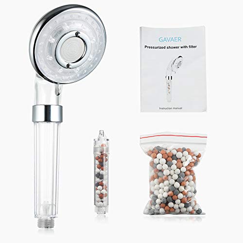 GAVAER Alcachofa Ducha, 3 Modos Alcachofa de Ducha de Lones Alta Presion, Filtered Ducha de Mano con Bolas Minerales, Ablanda el Agua Dura, 50% Ahorro de Agua Cabeza de Ducha, 200% Alta Presion.