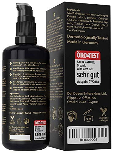 Gel de Aloe Vera ORGÁNICO 100% - “MUY BUENO” ECO-Test 08/20 - Cosméticos de Satin Naturel - Ácido Hialurónico, Espirulina, Jazmín - After Sun Refrescante Antiinflamatorio - Envasado en vidrio violeta