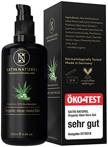 Gel de Aloe Vera ORGÁNICO 100% - “MUY BUENO” ECO-Test 08/20 - Cosméticos de Satin Naturel - Ácido Hialurónico, Espirulina, Jazmín - After Sun Refrescante Antiinflamatorio - Envasado en vidrio violeta