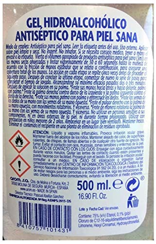 Gel Hidroalcohólico Antiséptico, Gel Desinfección Higienizante 75% Alcohol. En frasco de 500ml con Dosificador (pack 3)