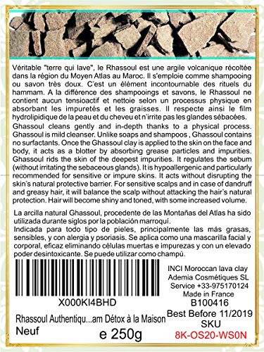 Ghassoul (rhassoul) Atlas 250g - Piedra Mora Arcilla Jabón Marroquí Auténtico- Alto Poder Absorbente - Acne, Limpieza Cara, Shampoo y Cuerpo