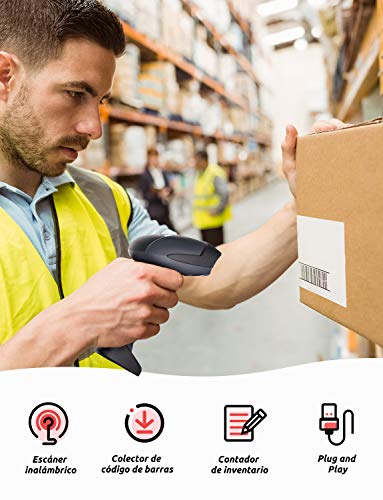 GHB Lector Codigo Barras Inalámbrico Escáner de Codigo de Barras 2000mAh Pistola Codigo de Barra con Receptor Inalambrico y Cable USB Compatible de Windows, Android, iOS