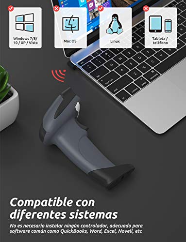 GHB Lector Codigo Barras Inalámbrico Escáner de Codigo de Barras 2000mAh Pistola Codigo de Barra con Receptor Inalambrico y Cable USB Compatible de Windows, Android, iOS