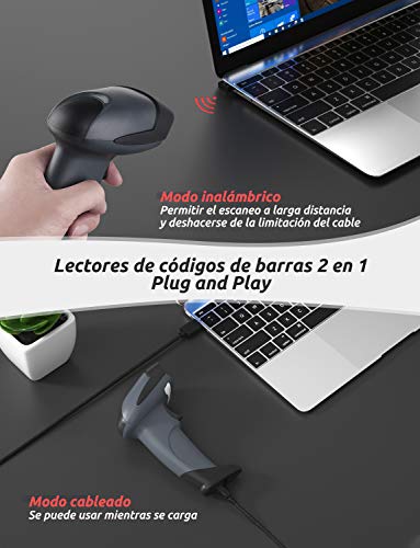 GHB Lector Codigo Barras Inalámbrico Escáner de Codigo de Barras 2000mAh Pistola Codigo de Barra con Receptor Inalambrico y Cable USB Compatible de Windows, Android, iOS