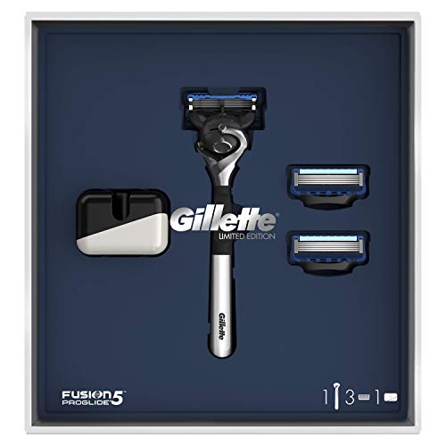 Gillette Fusion5 ProGlide Maquinilla de Afeitar Edición Limitada con Mango Cromado + 2 Cuchillas de Recambio + Soporte, Set de Regalo