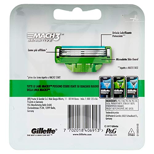 Gillette Mach 3 Cuchillas de Recambio para Maquinilla de Afeitar Piel Sensible 5 Unidades