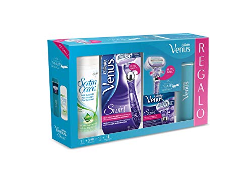 Gillette Venus Swirl Maquinilla de Afeitar Mujer + 2 Cuchillas de Recambio + Funda de Viaje + Gel de Depilación Satin Care, 200 ml, Set de Regalo