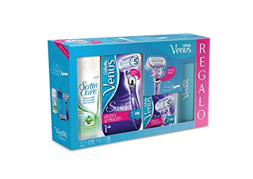 Gillette Venus Swirl Maquinilla de Afeitar Mujer + 2 Cuchillas de Recambio + Funda de Viaje + Gel de Depilación Satin Care, 200 ml, Set de Regalo