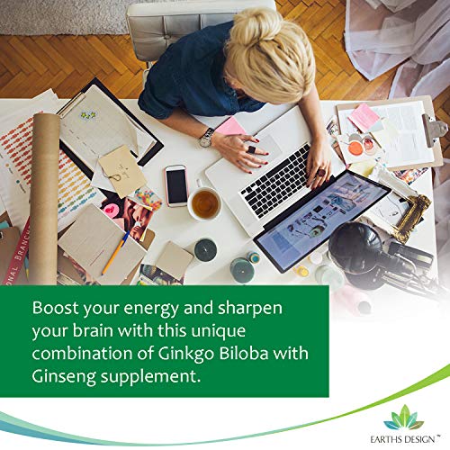 Ginkgo Biloba y Ginseng Coreano - Alta Concentración - Extracto de Ginkgo 50:1 3000 mg | Extracto de Ginseng 50:1 1000 mg - Apto Para Vegetarianos - 90 Pastillas de Earths Design
