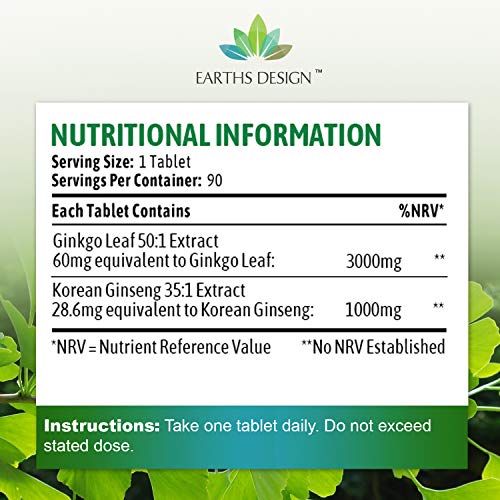Ginkgo Biloba y Ginseng Coreano - Alta Concentración - Extracto de Ginkgo 50:1 3000 mg | Extracto de Ginseng 50:1 1000 mg - Apto Para Vegetarianos - 90 Pastillas de Earths Design