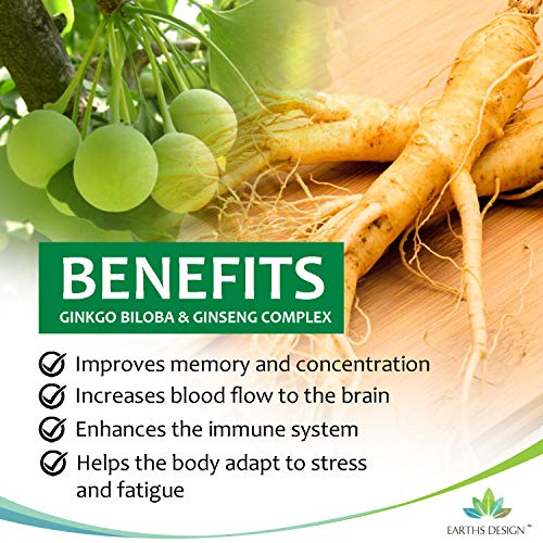 Ginkgo Biloba y Ginseng Coreano - Alta Concentración - Extracto de Ginkgo 50:1 3000 mg | Extracto de Ginseng 50:1 1000 mg - Apto Para Vegetarianos - 90 Pastillas de Earths Design