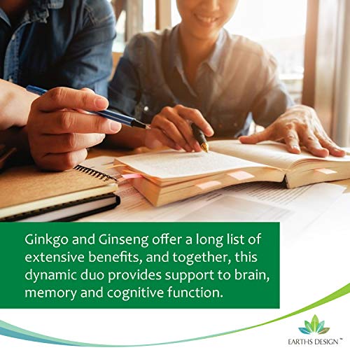 Ginkgo Biloba y Ginseng Coreano - Alta Concentración - Extracto de Ginkgo 50:1 3000 mg | Extracto de Ginseng 50:1 1000 mg - Apto Para Vegetarianos - 90 Pastillas de Earths Design