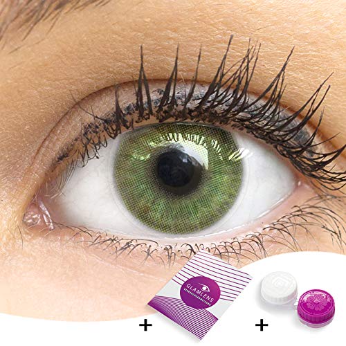 GLAMLENS lentillas de colores verdes Neapel Green + contenedor. 1 par (2 piezas) - 90 Días - Sin Graduación - 0.00 dioptrías - blandos - Lentes de contacto verde de hidrogel de silicona