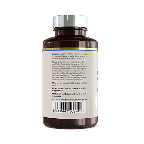 Glicinato de Magnesio 250mg - 240 Cápsulas Vegetarianas (2 MESES DE SUMINISTRO) - Alta Biodisponibilidad de Magnesio - Fabricado en UK en instalaciones con licencia ISO - Reembolso Garantizado