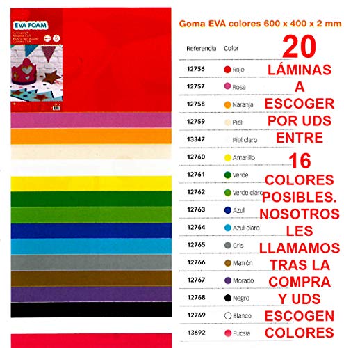 Goma Eva Barata 20 Láminas de 60 x 40 x 2mm de Colores Surtidos a Escoger por Uds Tras la compra Nosotros les llamamos y Uds Escogen qué Colores Necesitan de Foam ó Foamy