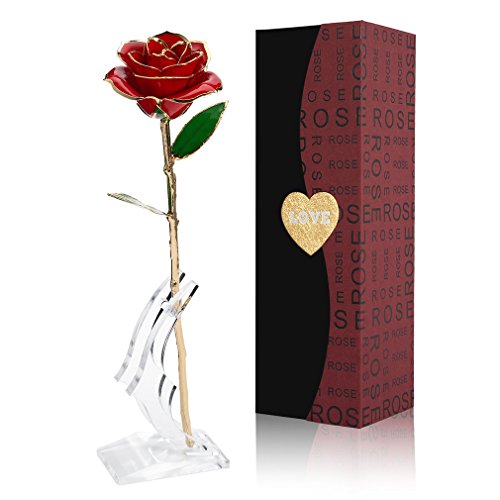 Gomyhom Rosa 24K, Rosa de Oro Chapada en Oro con Caja de Regalo para Madre para Amor en el Día de San Valentín para Aniversario para Amigos como Un Regalo de Cumpleaños (Rojo)