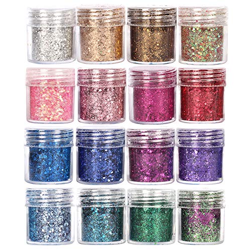GOTONE Purpurinas Polvo, Brillante Chunky Glitter Flakes paillette para el Rostro, Cara y Cuerpo Maquillaje Decoración para Pelo, Uñas y Mejilla -16 Cajas(Set E)