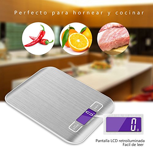 GPISEN Smart Digital Báscula con Pantalla LCD para Cocina de Acero Inoxidable, 5kg/11lbs, Balanza de Alimentos Multifuncional,Color Plata,(2 Baterías Incluidas)