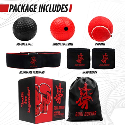 Guri Boxing Reflex Ball/Pelotas de Reflejo-Kit de Boxeo con 3 Pelotas de Reacción, Vendas y Bolsa Impermeable-Ideal para Velocidad De Reacción, Coordinación Mano Ojo, Precisión y Enfoque