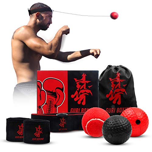 Guri Boxing Reflex Ball/Pelotas de Reflejo-Kit de Boxeo con 3 Pelotas de Reacción, Vendas y Bolsa Impermeable-Ideal para Velocidad De Reacción, Coordinación Mano Ojo, Precisión y Enfoque