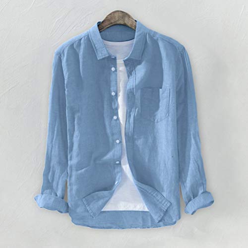 Gusspower Hombre Camisa de algodón y Lino de Manga Larga Transpirable Camisetas Retro holgadas de Color sólido Camisa Casual de Verano Collar de pie Tallas Grandes Camisa de Playa Tops Blusa