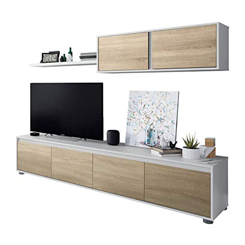 Habitdesign 0F6663A - Mueble de salón Moderno, modulos Comedor Alida, Acabado en Color Blanco Artik y Roble Canadian, Medidas: 43 x 200 x 41 cm de Fondo