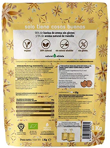 Harina de Avena BIO Sabor Vainilla Natural Athlete, Sin Azúcar, Sin Aditivos, Sin Gluten -1KG
