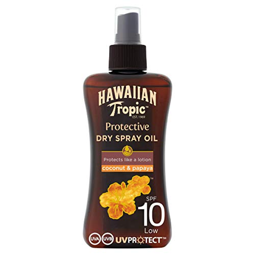 Hawaiian Tropic Protective Dry Spray Oil - Aceite Seco Bronceador con Protección Baja SPF 10 , Fragancia de Coco y Papaya , 200 ml