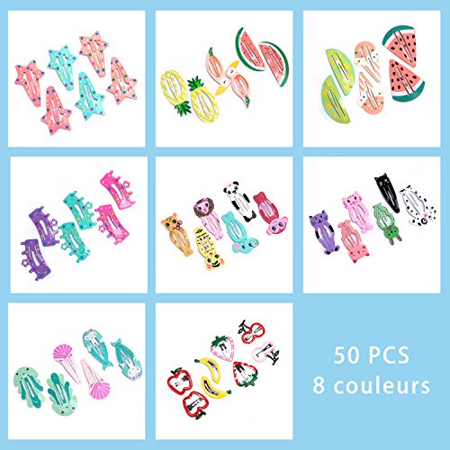 HBF Multicolor 50 Clips Pelo Niña Metal Pinzas Pelo Bebe Niña Patrón De Dibujos Animados Y Fruta Horquillas De Pelo Infantiles