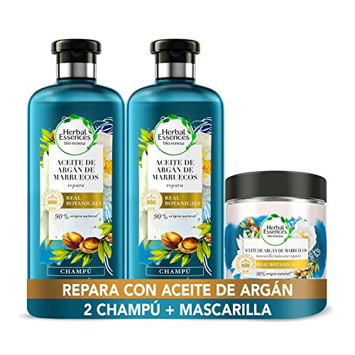 Herbal Essences bio:renew Aceite de Argán de Marruecos, Champú Reparación 2 x 400 ml + Mascarilla Reparación 250 ml, con PH neutro e ingredientes naturales