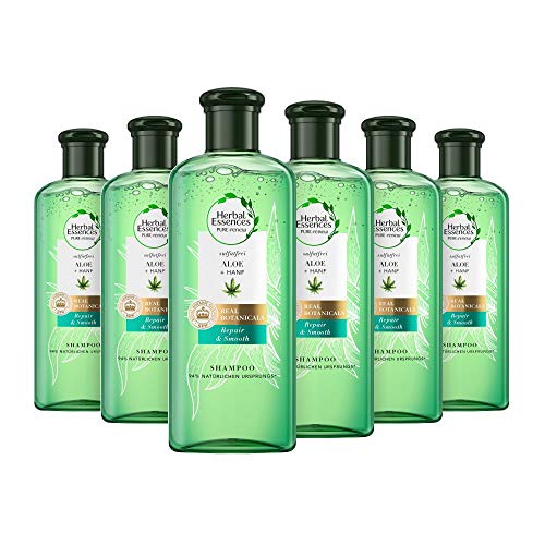 Herbal Essences PURE: renew Repair & Smooth, champú sin sulfatos (6 x 225 ml), con aloe vera y cáñamo, champú para mujer, sin silicona, pelo de aloe vera, pelo de cáñamo, cuidado del cabello seco