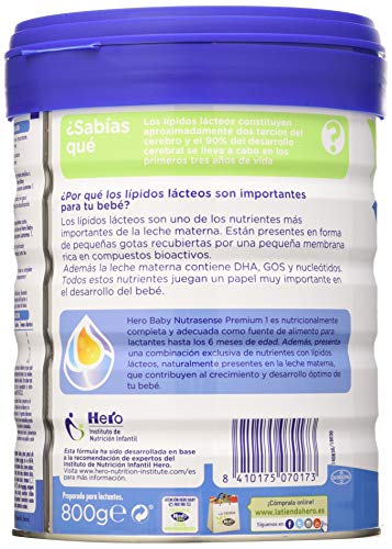 Hero Baby Nutrasense Premium 1 - Leche de Inicio en Polvo para Bebés hasta los 6 Meses, Crecimiento y Desarrollo - Pack de 2 x 800g