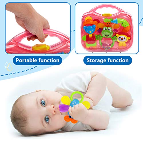 HERSITY Juguete de Primer Sonajero y Mordedor Infantil 6 Piezas con Maletín Regalo para Bebé 3 4 5 6 Meses