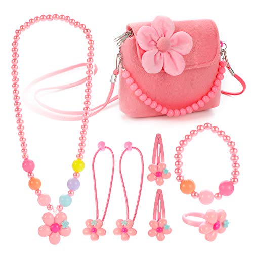 Hifot Joyas para niños Niñas Bolso de Peluche Collar Pulsera Anillo Pinzas de Cabello Conjunto, Favores del Partido de la joyería del Traje Regalo para Vestir Juego de imaginación