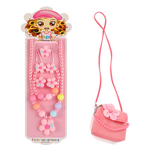 Hifot Joyas para niños Niñas Bolso de Peluche Collar Pulsera Anillo Pinzas de Cabello Conjunto, Favores del Partido de la joyería del Traje Regalo para Vestir Juego de imaginación