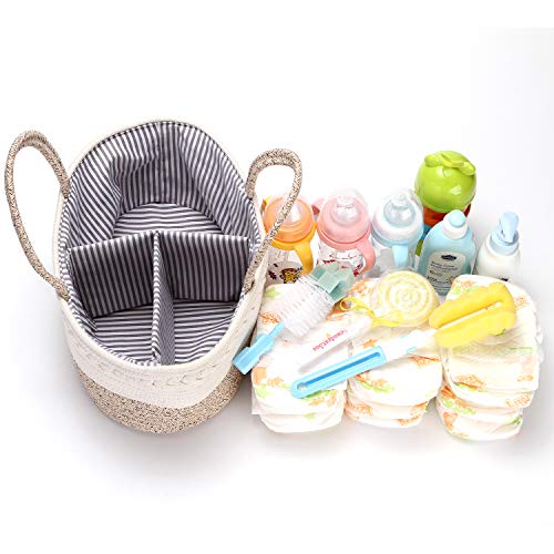 Hinwo Baby Diaper Caddy 3-Compartimento Recipiente para bebés Tote Bin almacenamiento Organizador portátil automóvil Recién nacido Cesta regalo Cuerda algodón divisor desmontable pañales y toallitas