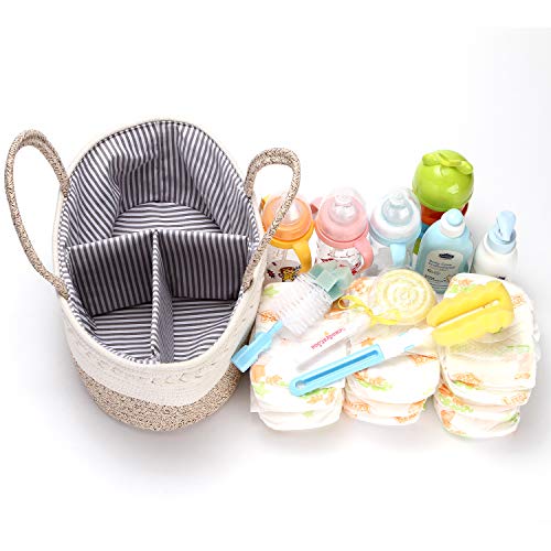 Hinwo Baby Diaper Caddy 3-Compartimento Recipiente para bebés Tote Bin almacenamiento Organizador portátil automóvil Recién nacido Cesta regalo Cuerda algodón divisor desmontable pañales y toallitas