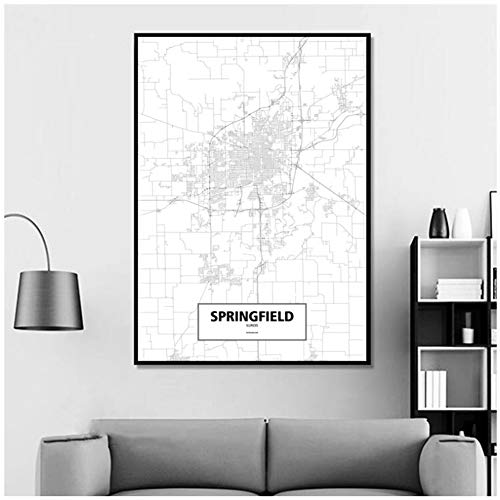 HJZBJZ Springfield, Illinois, Estados Unidos, Negro, Blanco, Mundo, Mapa de la Ciudad, póster, Lienzo, impresión, Estilo nórdico, Arte de Pared, decoración del hogar, 20 x 28 Pulgadas, sin Marco