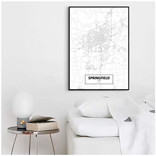 HJZBJZ Springfield, Illinois, Estados Unidos, Negro, Blanco, Mundo, Mapa de la Ciudad, póster, Lienzo, impresión, Estilo nórdico, Arte de Pared, decoración del hogar, 20 x 28 Pulgadas, sin Marco