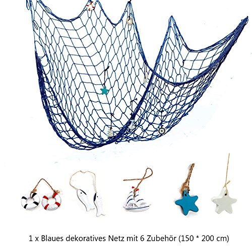 HOGAR AMO Red para Pescar Decorativa, Net Náutica con 6 Accesorios, 150 x 200cm, Estilo Mediterráneo, para Decorar la Pared, para la Casa, Bar, Restaurante, Boda