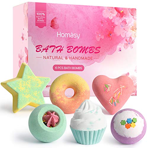 Homasy 6 Piezas Bombas de Baño, Kit SPA de Aceite Esencial Hecho a Mano, Bombas de Baño de Burbujas Efervescentes, Manteca de Karité Hidrata, Cumpleaños, Regalos para Mujeres, Madres y Niños