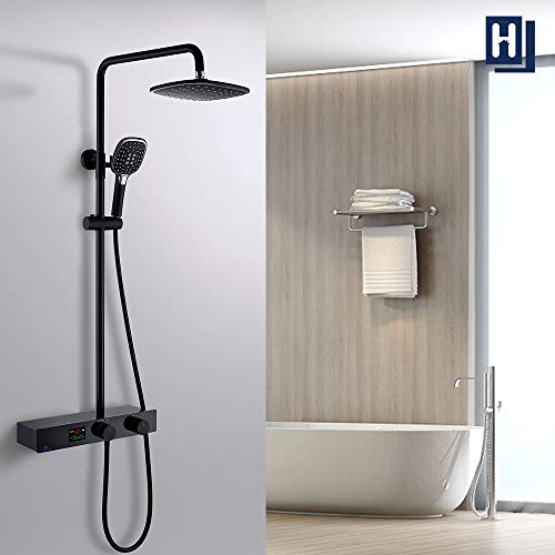 Homelody Conjunto de Ducha Negro Set con Pantalla de visualización digital Con estante Ducha de mano 3 tipos de chorro Spray superior cuadrado de 10 pulgadas Altura Ajustable