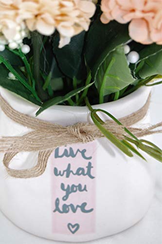 Homevibes Flores Artificiales con Maceta De Ceramica con Frase, Hortensias, Medida 9x17cm, Ideal para Decoracion del Hogar Interior o Exterior (Blanco y Hotensias Naranjas)