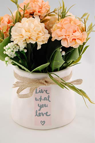 Homevibes Flores Artificiales con Maceta De Ceramica con Frase, Hortensias, Medida 9x17cm, Ideal para Decoracion del Hogar Interior o Exterior (Blanco y Hotensias Naranjas)