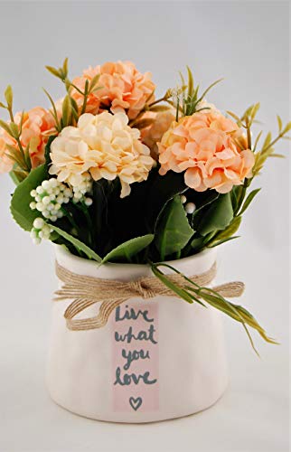 Homevibes Flores Artificiales con Maceta De Ceramica con Frase, Hortensias, Medida 9x17cm, Ideal para Decoracion del Hogar Interior o Exterior (Blanco y Hotensias Naranjas)