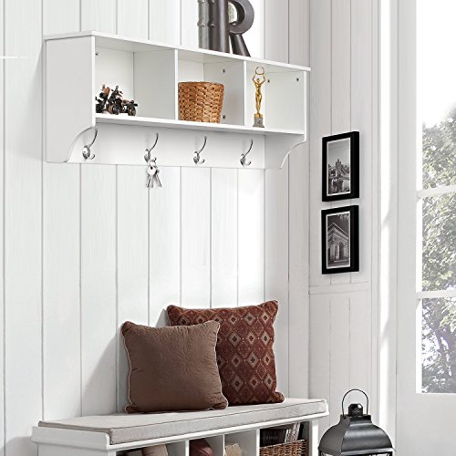 Homfa Estantería Colgante Estantería de Pared para baño Dormitorio y Cocina Estantería Cubos de Pared Blanco 3 Compartimentos y 8 Ganchos 98x20x35cm