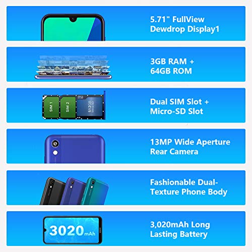 HONOR 8S Smartphone-3GB RAM + 64GB ROM, Pantalla de Rocío FullView de 5.71 Pulgadas, Sistema operativo MTK MT6761 EMUI 9.0, Cámara Trasera de 13MP, Ranura SIM Dual (Azul)